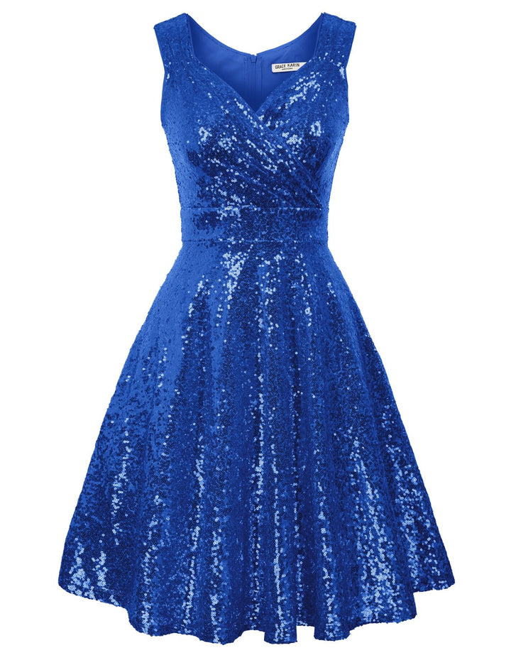 GRACE KARIN Damen Glitzer Kleid Knielang Rockabilly Kleider Festliche L Blau, L Blau