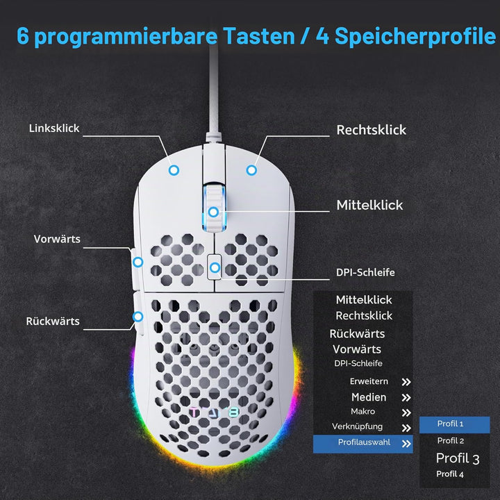 TMKB M1se Gaming Maus, USB, mit 12800 DPI Optischer Sensor,6 Programmierbare Tasten Wabenmaus,Anpass