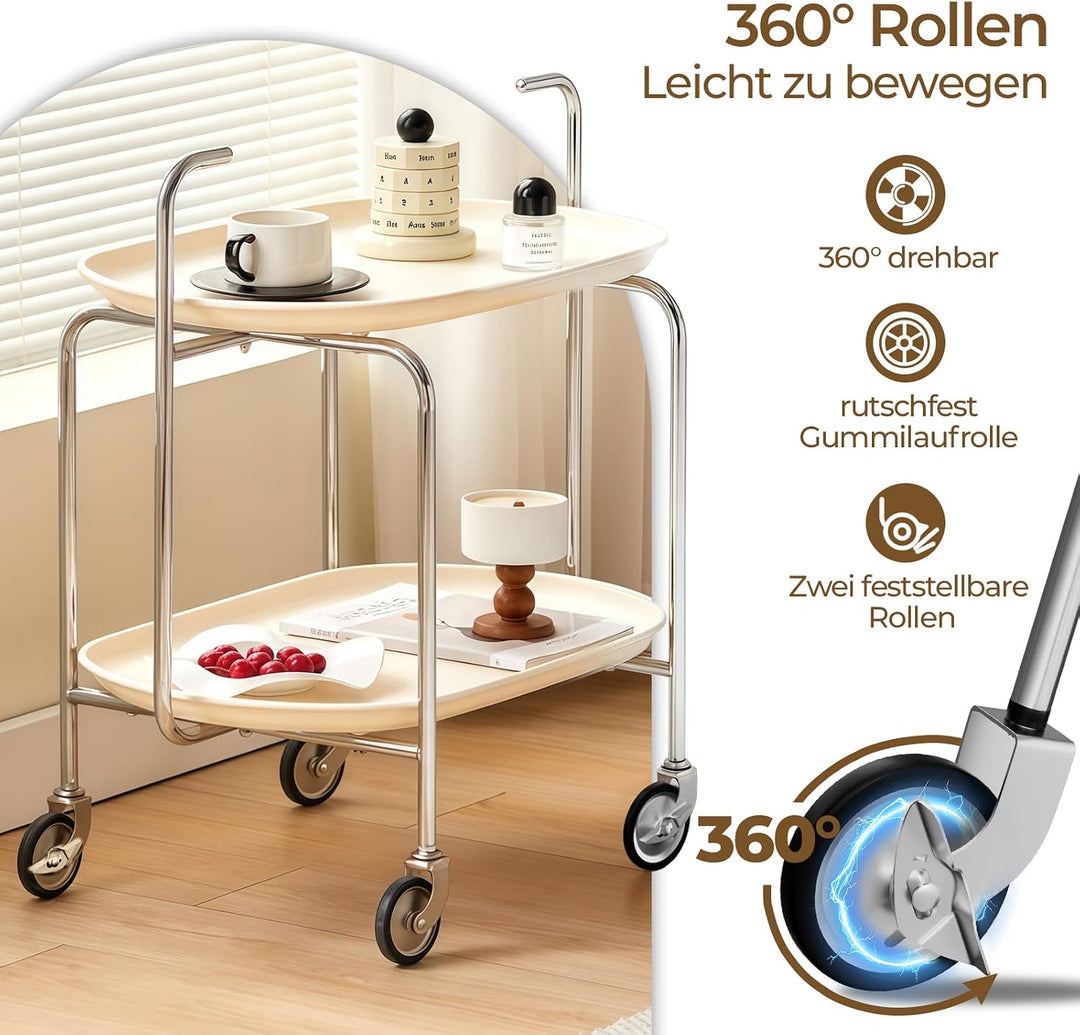 Servierwagen mit 2 Ablageebenen, 65x40x70 cm, Beige Runder Servierwagen mit Rollen, Runder Servierwa