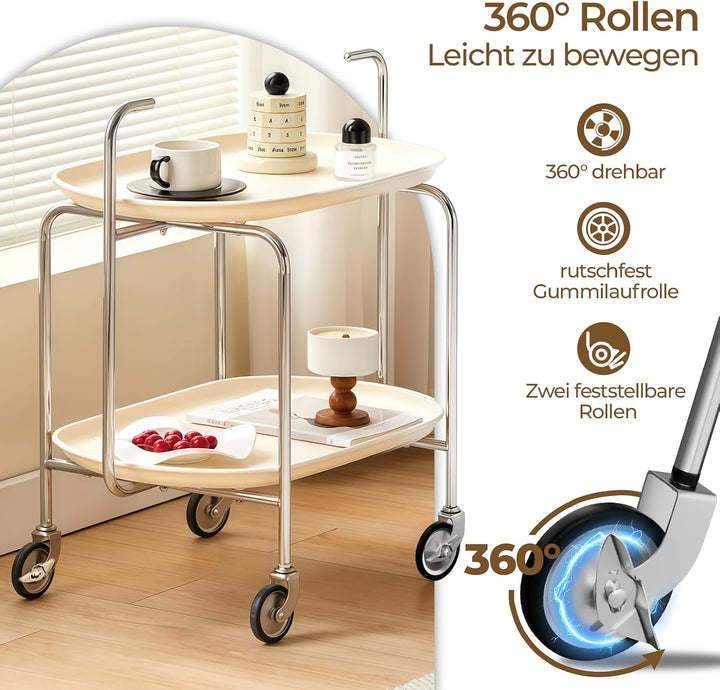 Servierwagen mit 2 Ablageebenen, 65x40x70 cm, Beige Runder Servierwagen mit Rollen, Runder Servierwa