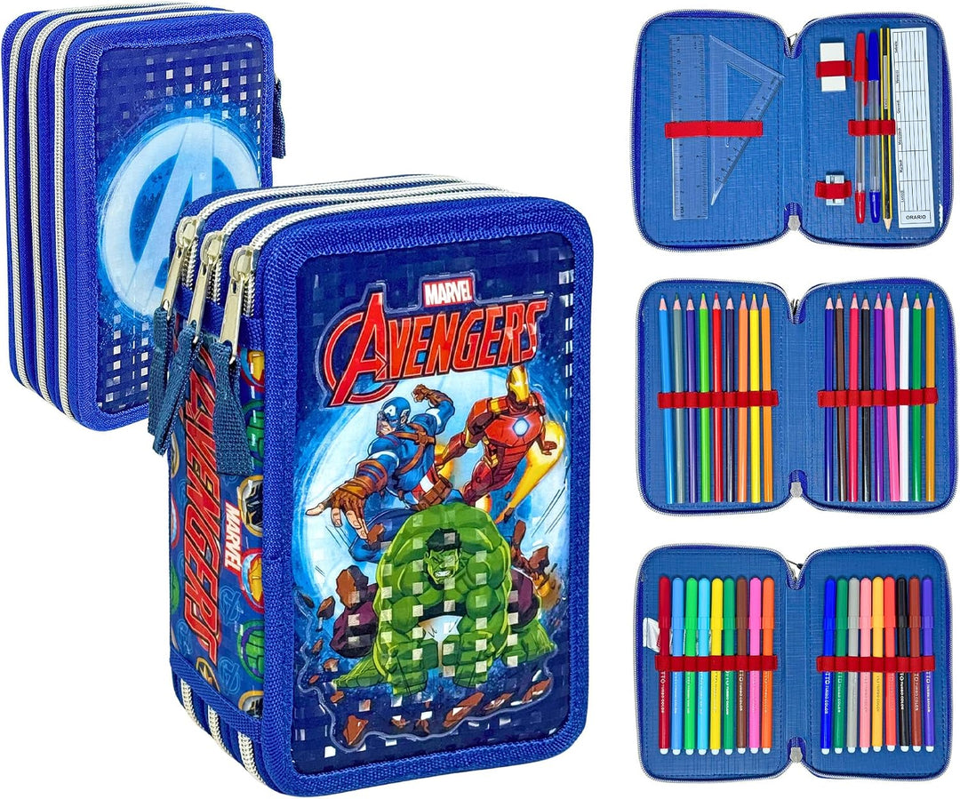 3-Fach Federmäppchen Gefüllt Jungen (6-10 Jahre) für Avengers Fan – 3D-Effekt Federtasche Schule (44
