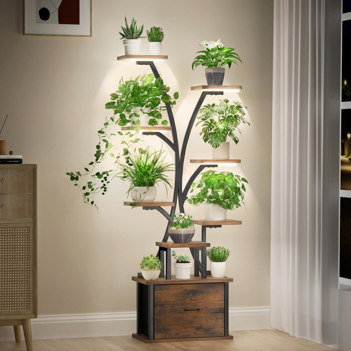 KELHOMECL Pflanzenständer mit Wachstumslicht - 9 Ebenen Blumenständer Metall Holz mit Schublade, 165