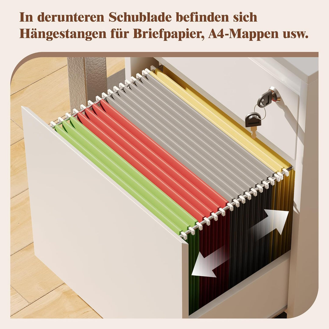 YOUDENOVA Rollcontainer mit Schubladen, Abschliessbar, Aktenschrank mit 2 Schubladen, 5 Rollen, Unte