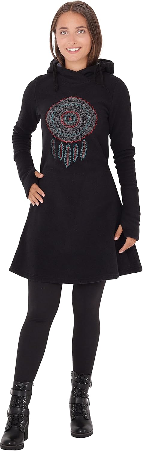 PUREWONDER Damen Kleid Fleecekleid mit Traumfänger und Kapuze dr31 S Schwarz, S Schwarz