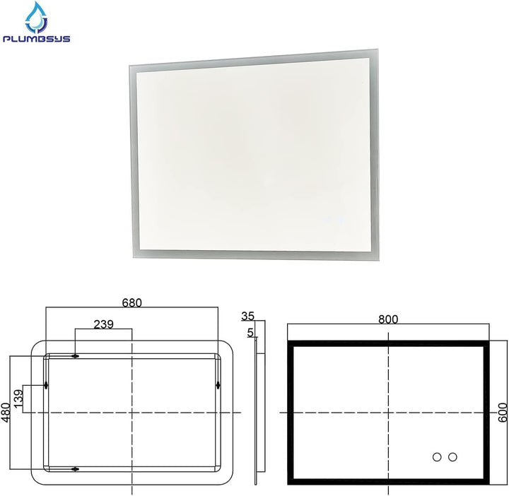 Plumbsys LED Badspiegel Badezimmerspiegel 60x80cm mit 3-Farben des Lichts Beleuchtung Antibeschlag W