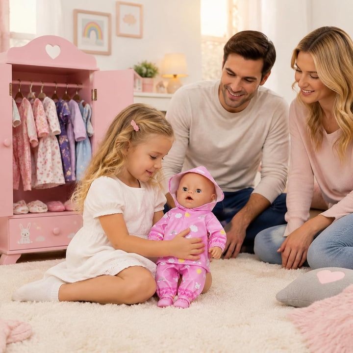 Puppenkleidung Regenanzug Set für 35-45 cm Puppen mit Schuhen Kleiderbügel