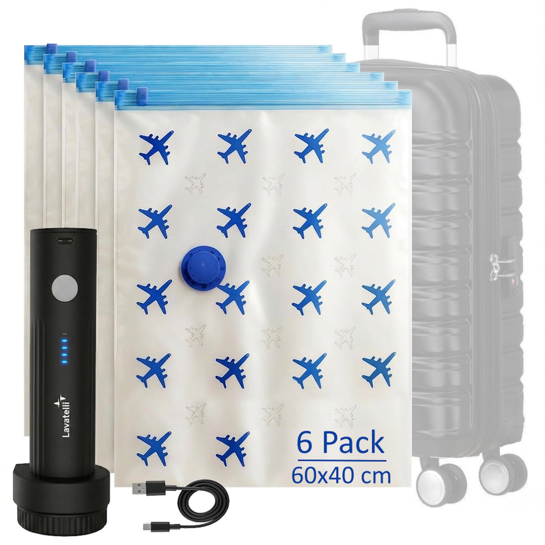 Lavatelli Reise Set Handgepäck mit kabelloser USB-C Pumpe &amp; 6 Vakuumbeuteln 40x60 cm für Trolley 55x