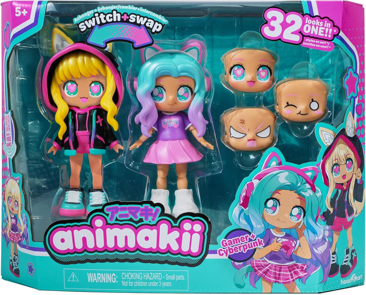 BANDAI - Animakii Cyberpunk und Gamerin - Set Personalisierbare Puppen - 1 Puppe, 4 Gesichter, 2 Fri