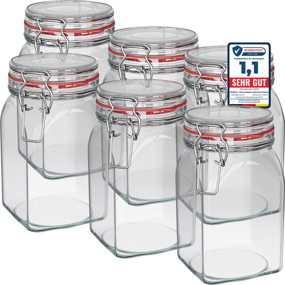 WELLGRO Einmachgläser mit Bügelverschluss eckig, Fermentierglas, Vorratsgläser mit Deckel, Bügelglas