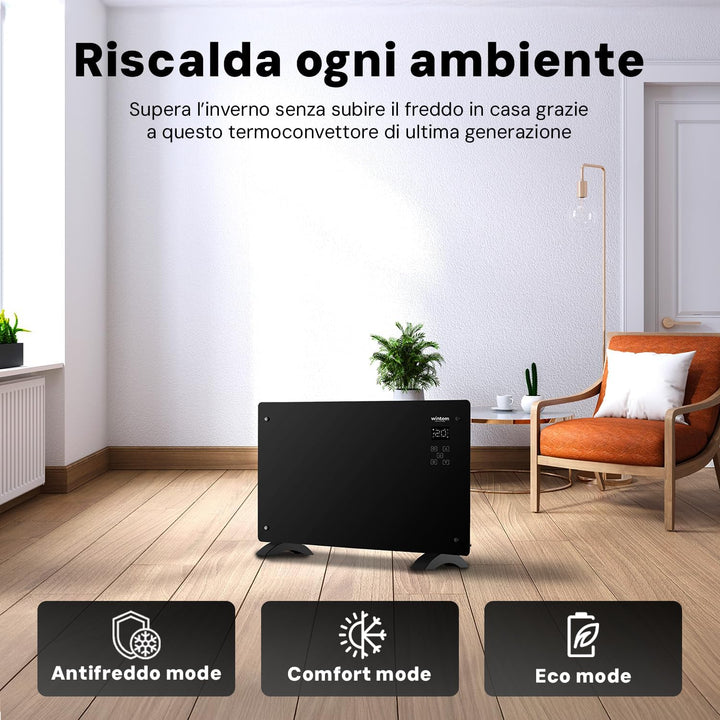 Avilia Elektrischer Konvektor aus Glas 1500 W mit LED-Display, Touch-Bedienung, Timer und fortschrit