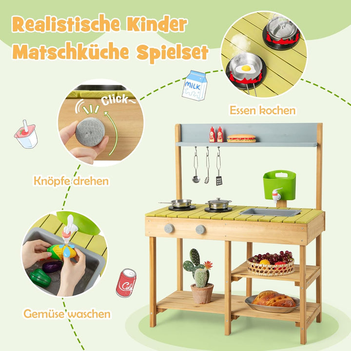 DREAMADE Matschküche Kinder Outdoor, Kinderküche mit Wassertank, Wasserhahn, Herd &amp; abnehmbarem Rega