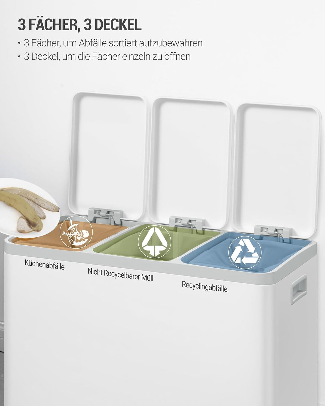 Hzuaneri Mülleimer Küche, Mülltrennsystem 3 Fächer 45L (3 x 15 L), Edelstahl-küchenmülleimer, Tretmü