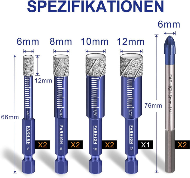 Diamantbohrer Fliesenbohrer Glasbohrer Set 9 tlg. 6, 8, 10, 12mm &amp; 6mm Wolframstahl-Legierungsbohrer