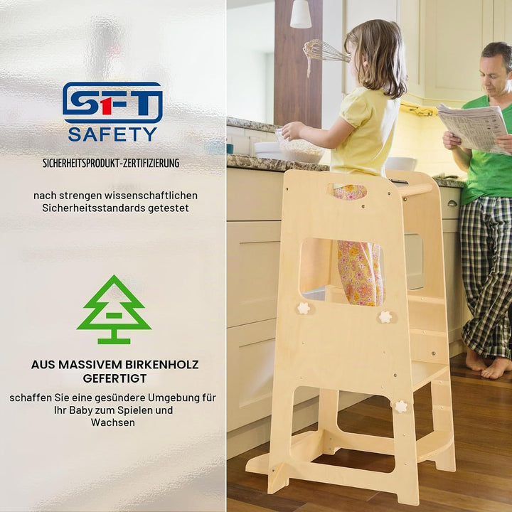 Bateso Basic Lernturm für Kinder mit Schutznetz, Höhenverstellbarer Montessori Lernturm aus Holz, St