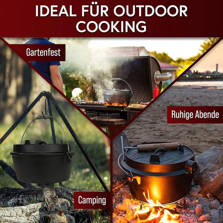 Dutch Oven Set-Eingebrannter Dutch Oven 12L [10-16 Person]-Feuertopf Gusseisen ohne Füssen-Schmortop
