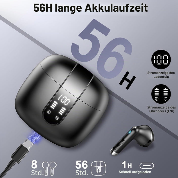 Bluetooth 5.4 Kopfhörer, 2026 Neu In-Ear Kopfhörer Kabellos Bluetooth | 6D Tiefer Bass/56H Kabellose