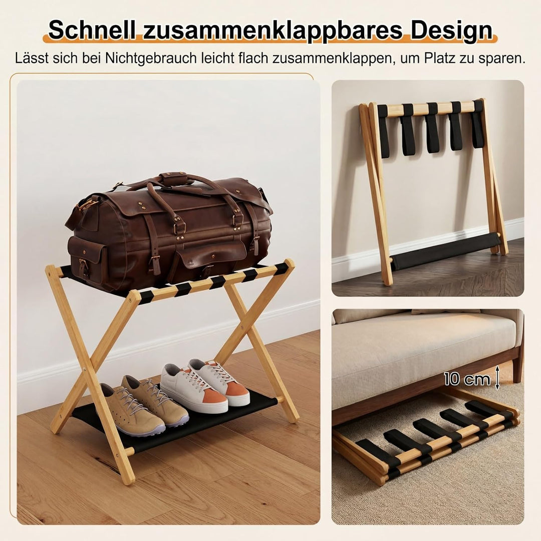 GYMAX Bambus Kofferständer 2er-Set, klappbare Gepäckablage mit Ablage &amp; 5 Nylonschnallen, Gepäckträg