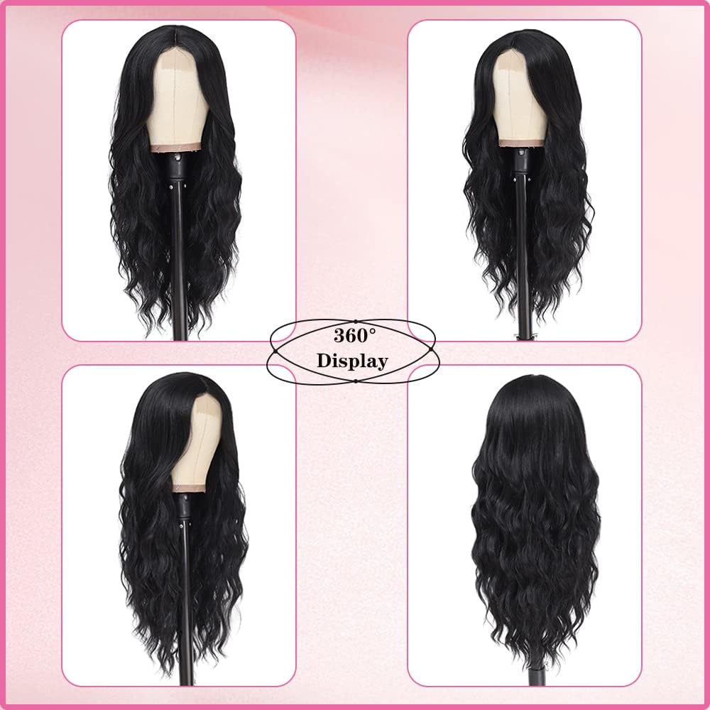 PORSMEER Lange Wellig Perücken Schwarz, 66 cm Perücke Für Frauen Afro Mittelscheitel Synthetik Haar