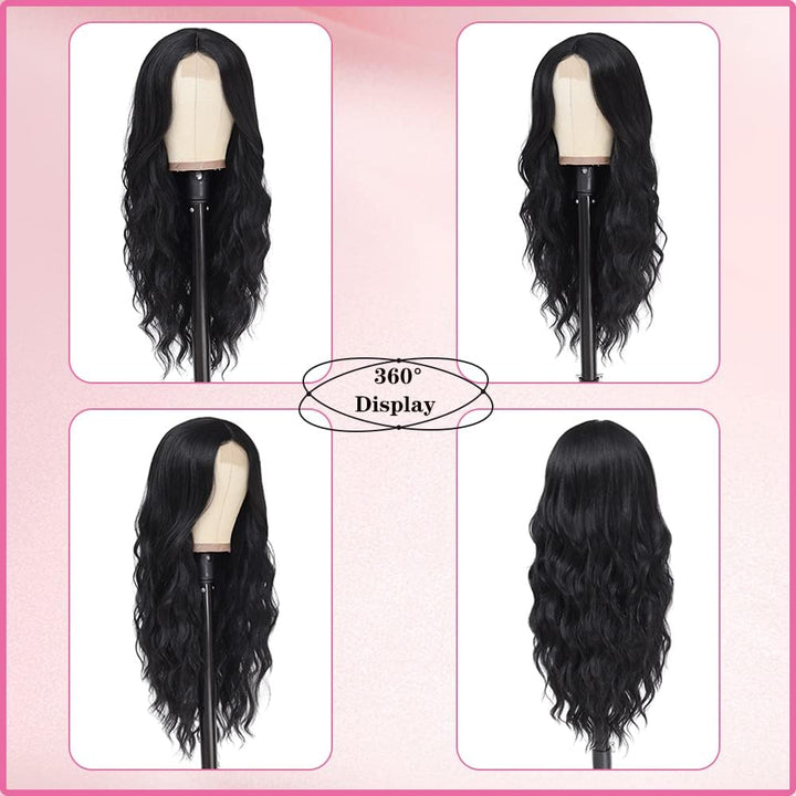 PORSMEER Lange Wellig Perücken Schwarz, 66 cm Perücke Für Frauen Afro Mittelscheitel Synthetik Haar