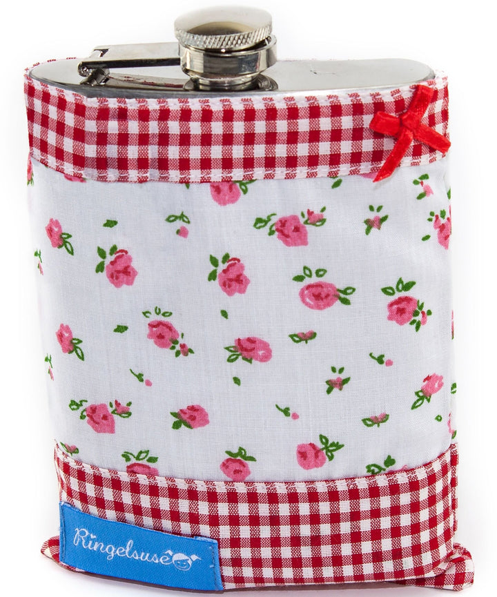 Flachmann Damen Stoff-Hülle Blumen Karo Edelstahl 210 ml 10,5 x 14 cm Rot Rosa Weiss Ringelsuse Rosa