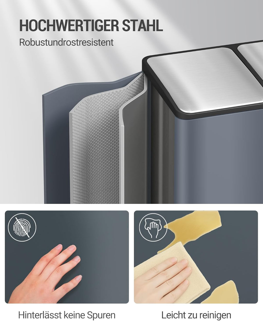 Hzuaneri Mülleimer Küche, 2 x 30 L, Mülltrennsystem 2 Fächer 60 L, Edelstahl-küchenmülleimer, Tretmü