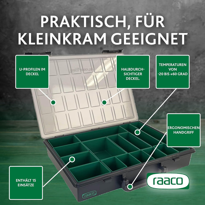 raaco Assorter 55 4x8-15: Premium Sortierbox für Werkstatt, 15 Einsätze, Sortimentskasten &amp; Sortierb