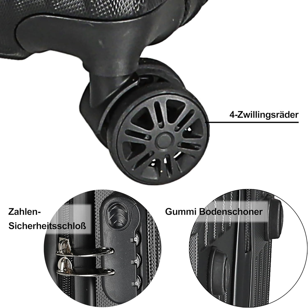 Cepewa Reisekoffer Set schwarz | 3 Grössen 20/24/28 Zoll ABS | Teleskopstange 4 Zwillingsrollen Zahl