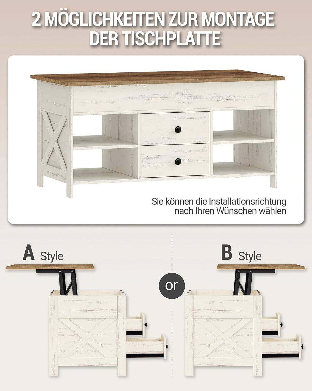Hzuaneri Couchtisch, höhenverstellbarer Wohnzimmertisch, Sofatisch, 2 Schubladen und Versteckter Sta