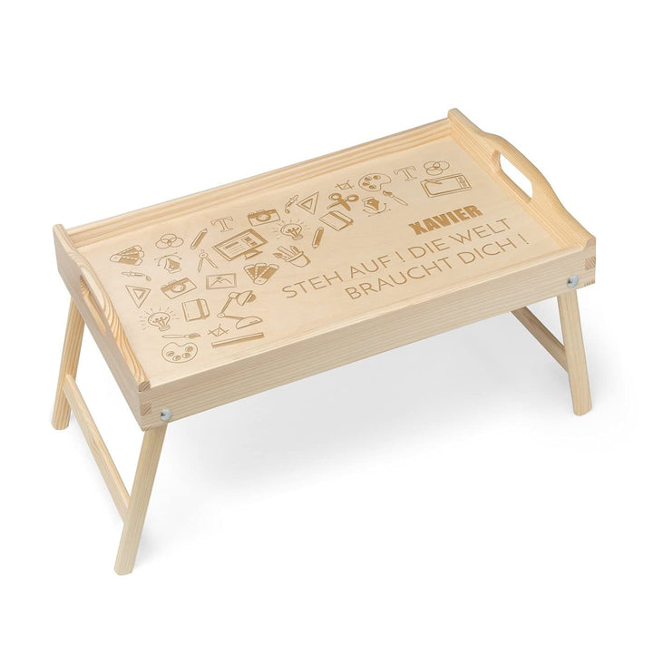 Maverton Serviertablett mit Gravur - personalisiert - Tabletttisch mit Griffen - klappbare Beine - e