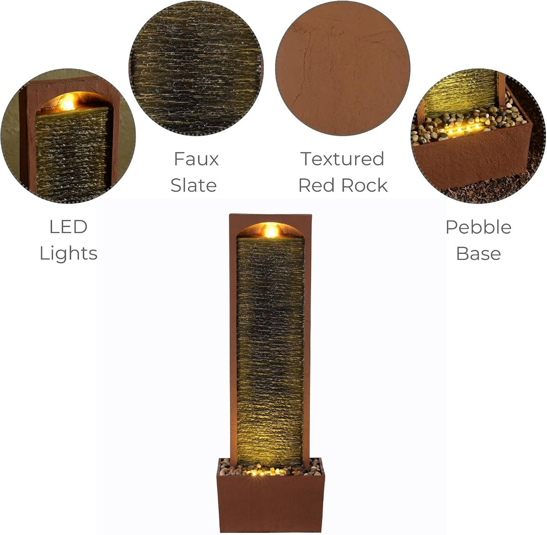 Teamson Home Moderner Outdoor Wasserfallbrunnen Rotstein mit LED Rot Gerade, Rot Gerade