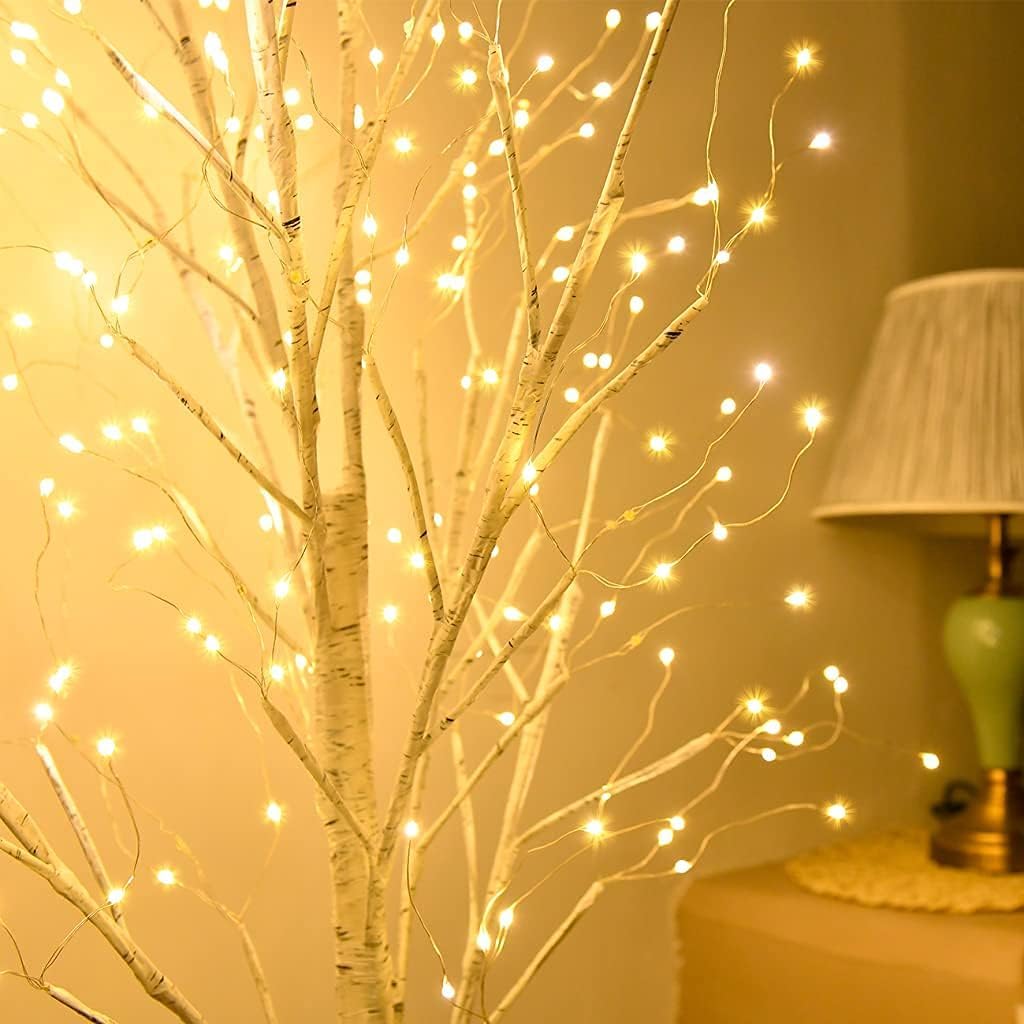 Weisse Weihnachtsbäume Zweig Set mit 9 Lichtmodi Lichterbaum mit Speicherfunktion Birke Baum mit war