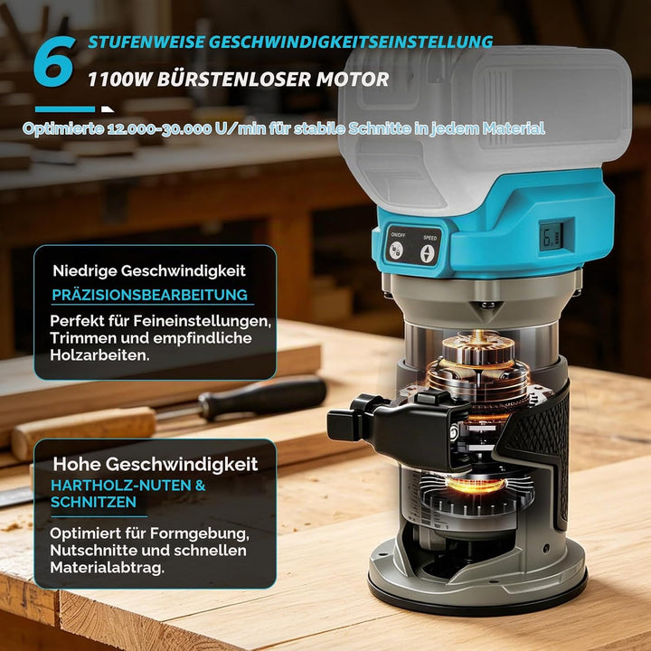 Kompakte Akku Oberfräse für Makita 18V, 800W Bürstenloser Oberfräse Akku Kantenfräser mit 6 Geschwin
