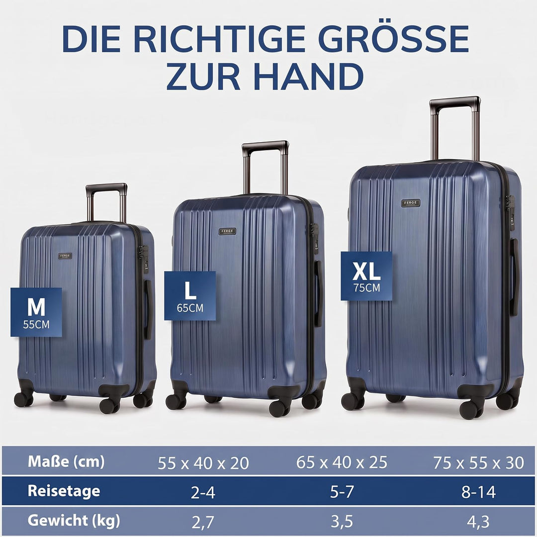 FERGÉ 3er Kofferset Hartschale Gepäckset mit 4 Doppelrollen &amp; TSA Schloss Blau-metallic, Blau-metall
