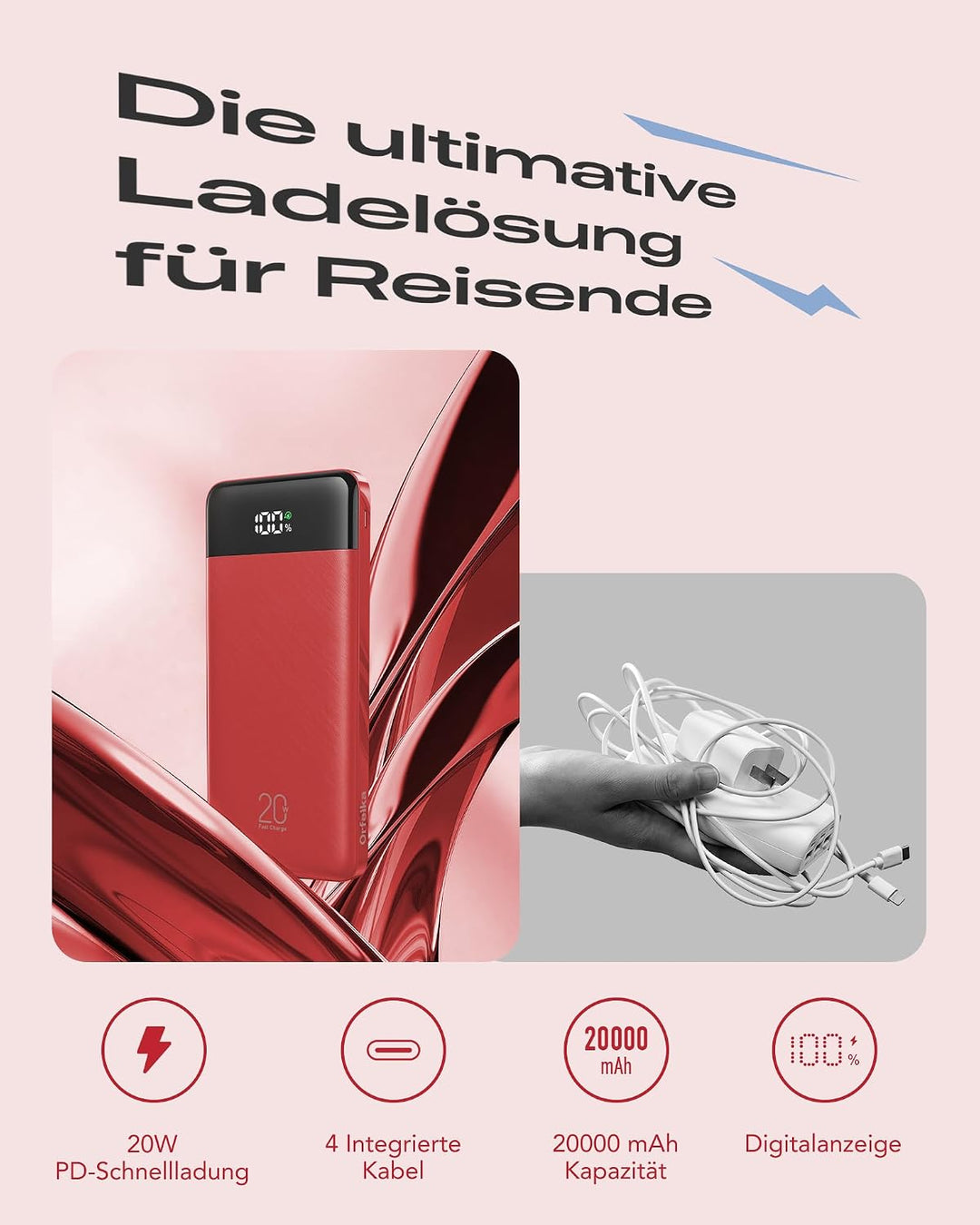 Orfeika Power Bank 20000mAh, PD 20W Powerbank mit Schnellladefunktion Rot, Rot