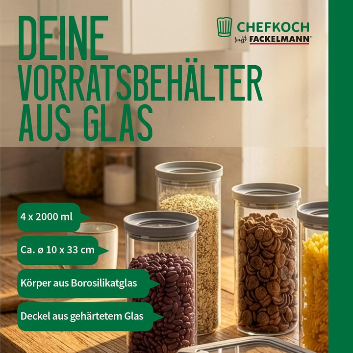 FACKELMANN Chefkoch trifft 4er Set Vorratsbehälter mit Glasdeckel – 2 L, Borosilikatglas, luftdicht