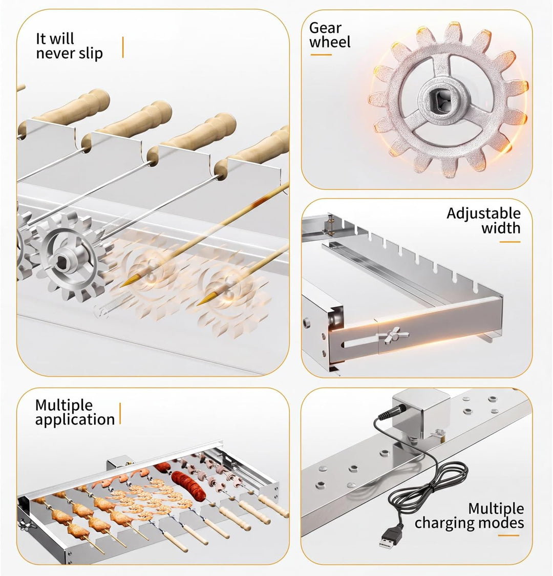 Elektrischer Drehspiess, 50 cm Grillspiessdreher Edelstahl Mit USB Motor 5 U/Min 9 Loch Schaschlik D