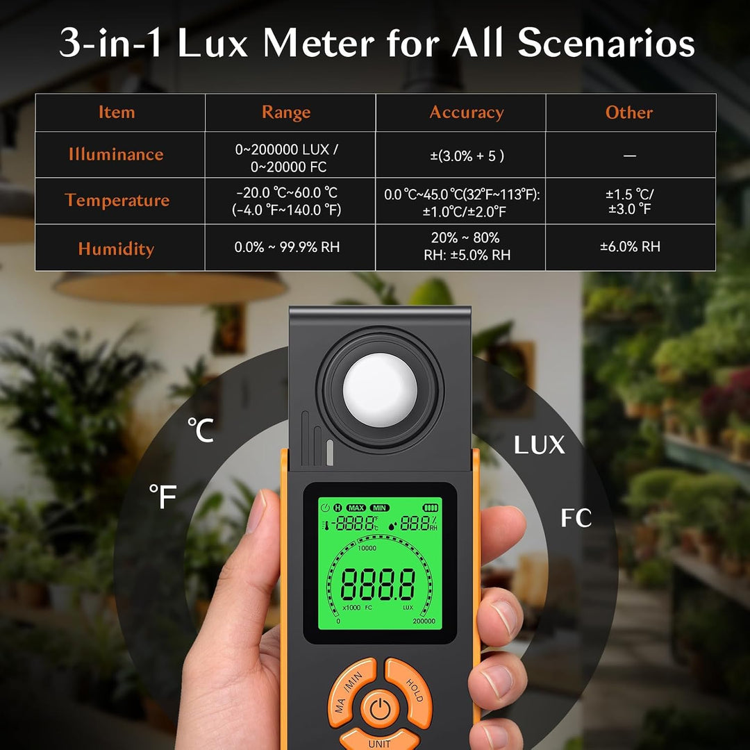 Digitales Luxmeter mit 3-Farben-Display 0 bis 200.000 Lux