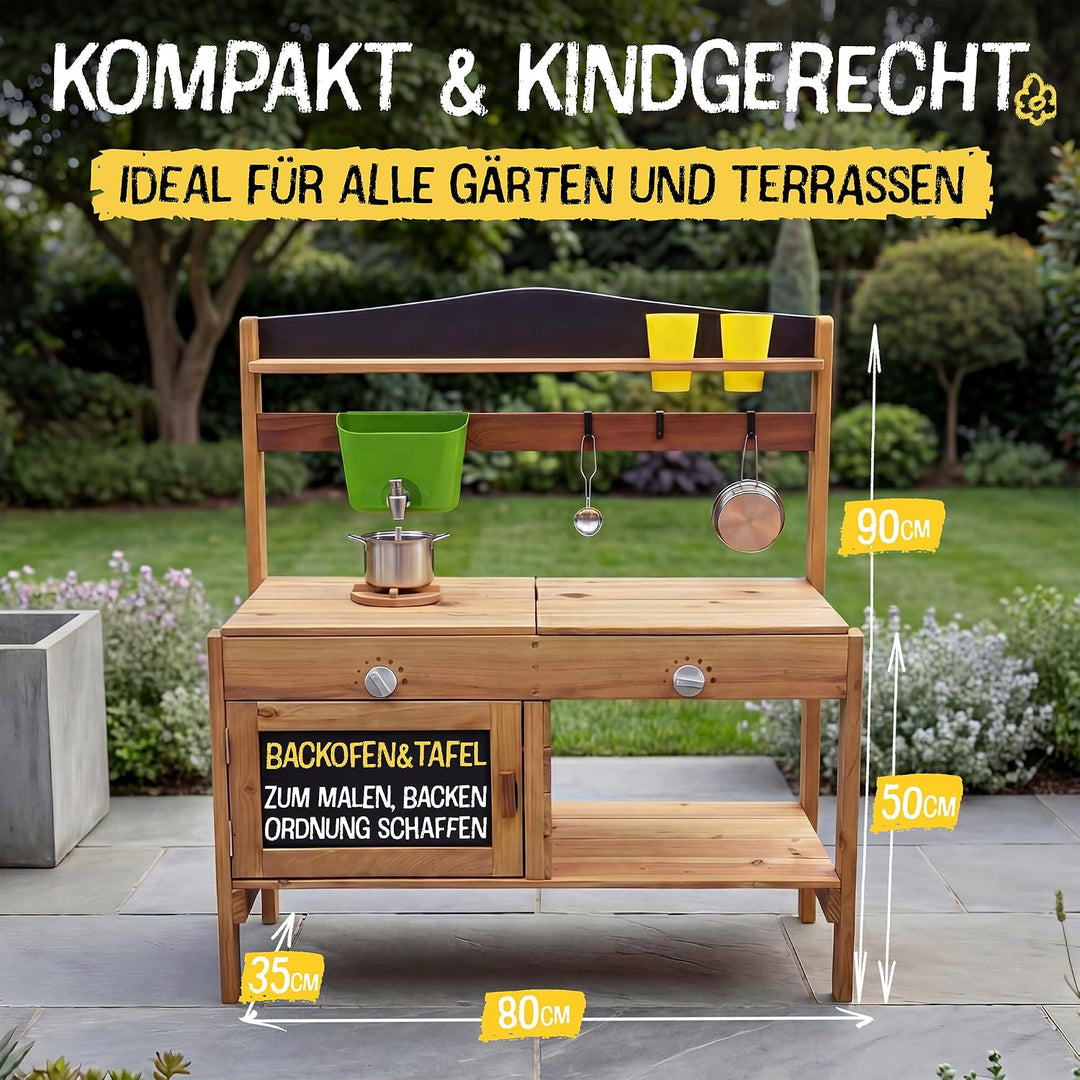 FRIEDO Matschküche Kinder Outdoor mit Schutzlasur I Inkl. Ofen und Zubehör wie 1,2 L Wasserspender,