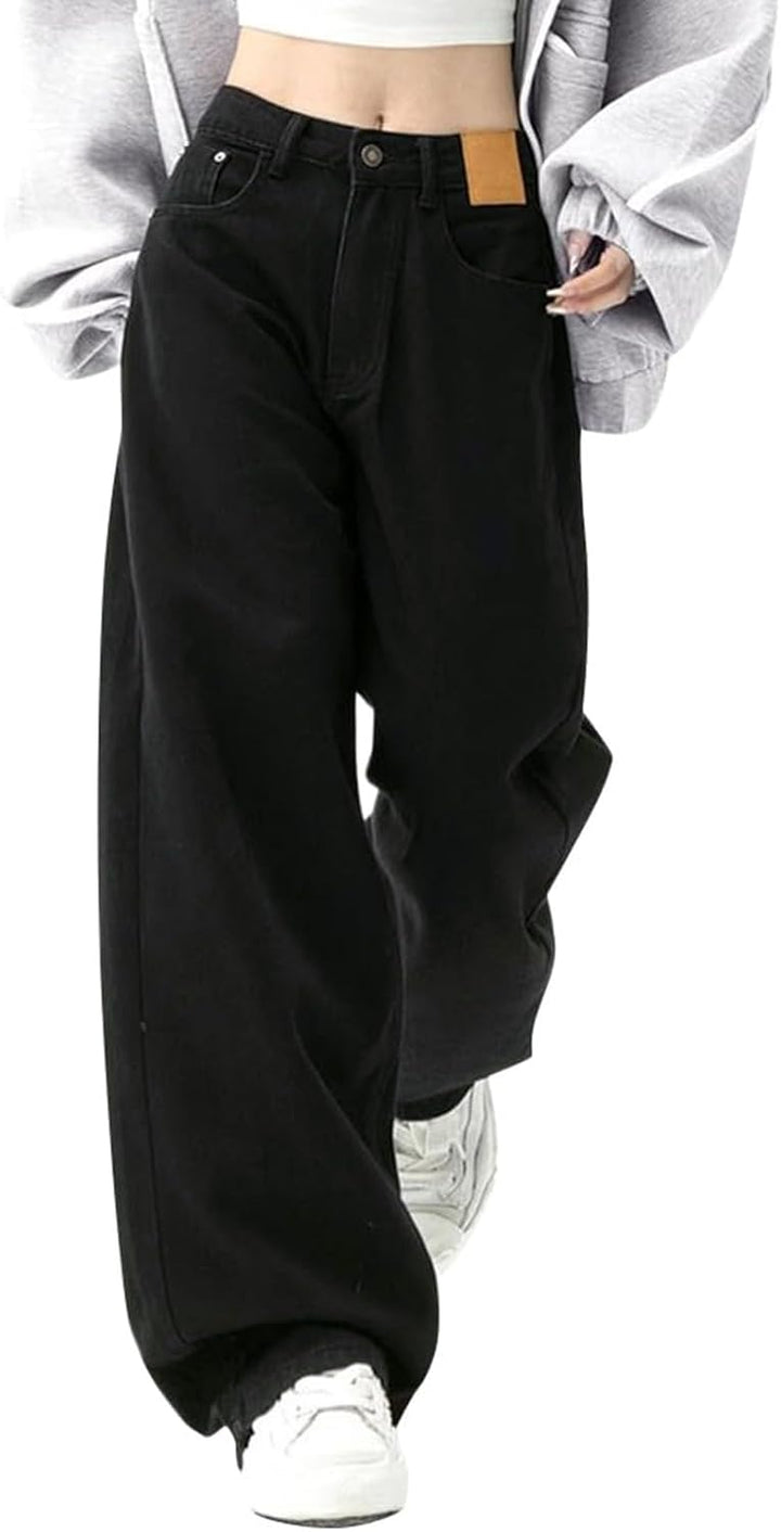 Damen Baggy-Jeans mit hoher Taille weites Bein Denim-Hose 90er-Jahre-Streetwear gerade Beinhose lock