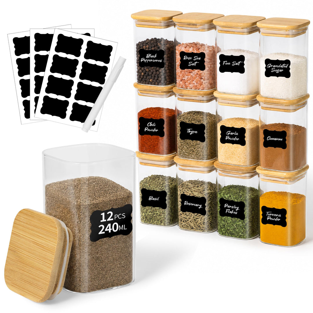 Gewürzgläser Eckig, 12 x 240 ml, Gewürzgläser Gross mit Bambusdeckel