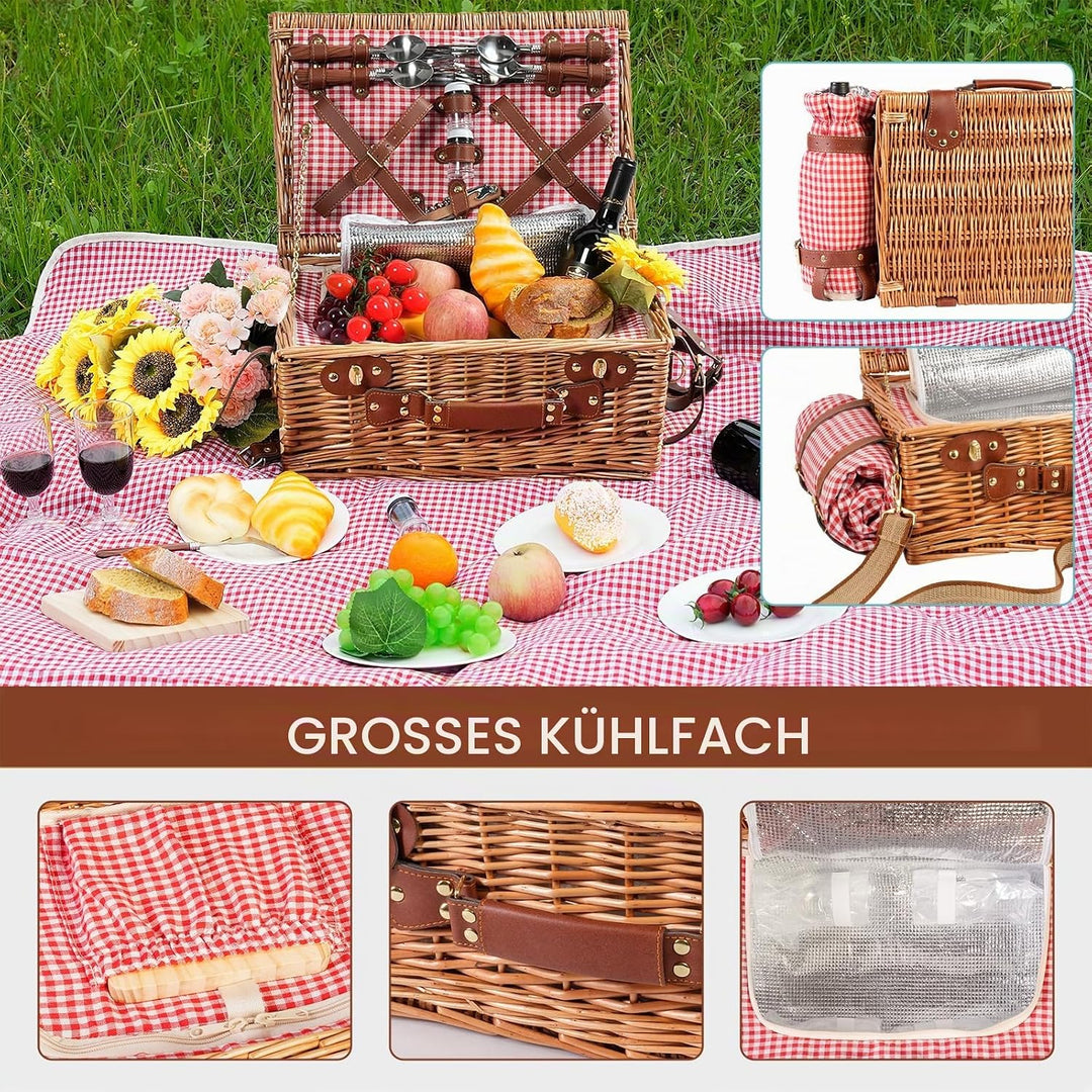 Wicker Picknickkorb Set für 4 Person mit Kühlfach und wasserdichte Picknickdecke, Abnehmbarer Riemen