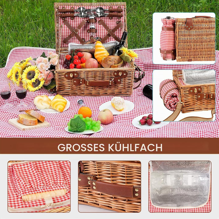 Wicker Picknickkorb Set für 4 Person mit Kühlfach und wasserdichte Picknickdecke, Abnehmbarer Riemen