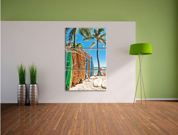Pixxprint Surfboards am Strand als Leinwandbild/Grösse: 3 Teilig (120x80) cm/Wandbild/Kunstdruck/fer