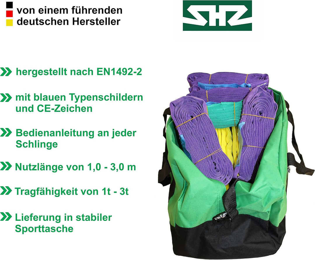Rundschlingen Set 1t - 3t Tragfähigkeit, 11-teilig, 1000-3000 kg WLL, farbcodiert violett, grün, gel