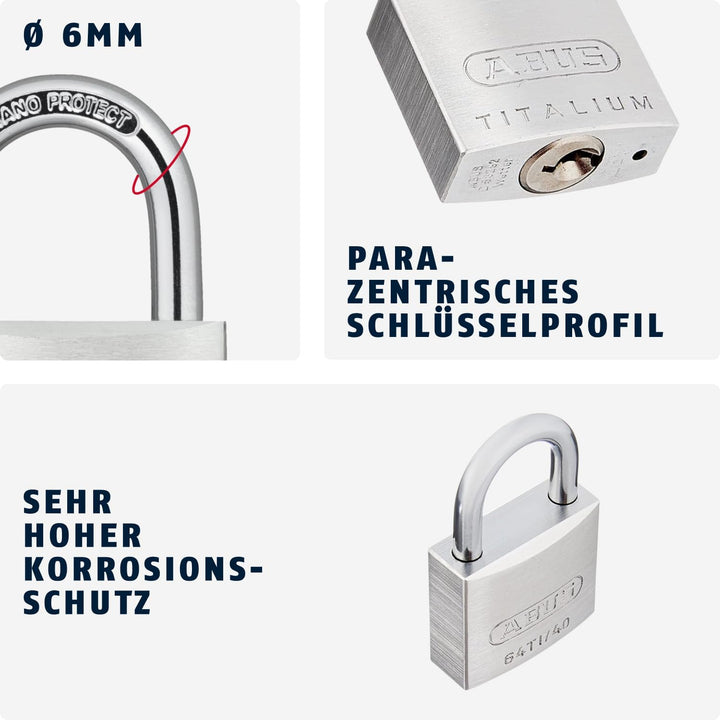 ABUS Vorhängeschloss Titalium 64TI/40 - Kellerschloss mit Schlosskörper aus Spezial-Aluminium - gehä