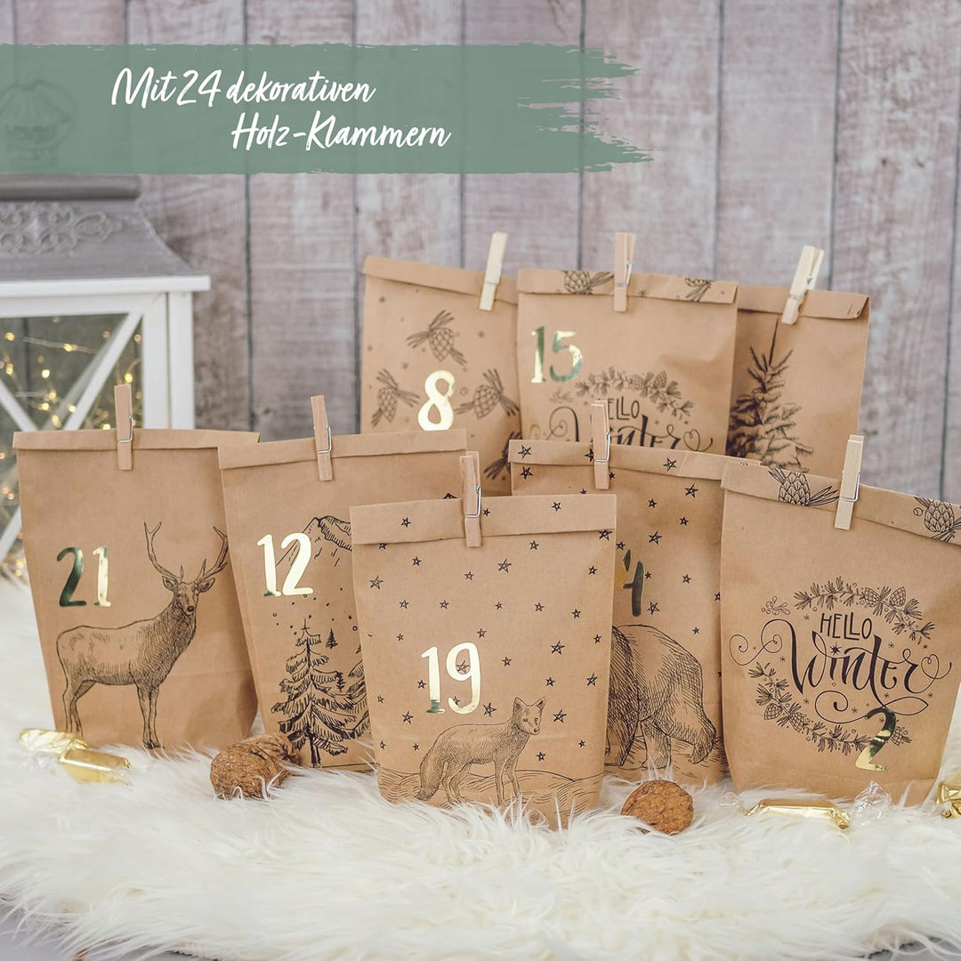 Papierdrachen Adventskalender 2025 zum Befüllen - 24 bedruckte Papiertüten mit Zahlenaufklebern &amp; Kl