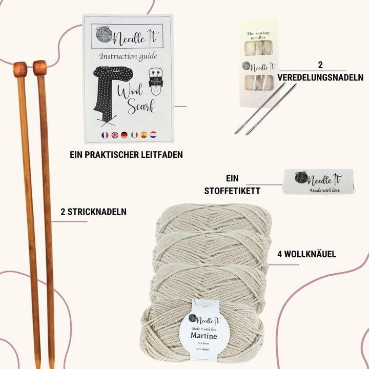 Komplettes Strickset für Anfänger mit Stricknadeln - Strickschal aus Wolle - Geschenkidee (Hellbeige