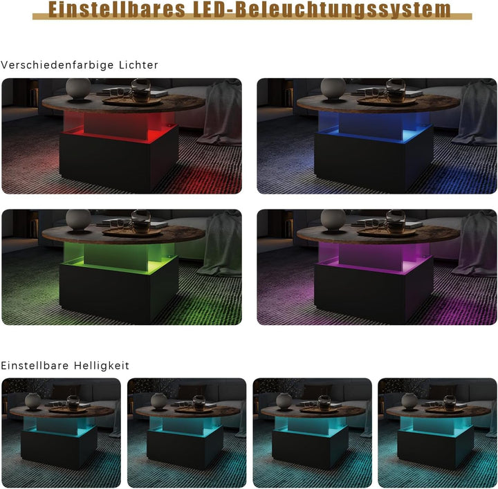 KEEPREAPER Couchtisch rund, Wohnzimmertisch mit 16-Farbiger LED Beleuchtung, für Wohnzimmer 80 x 80
