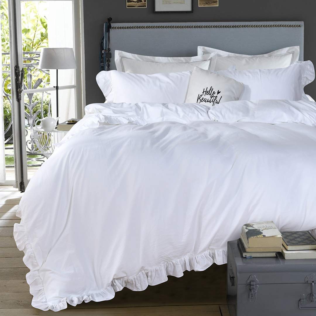 QSH Weisser Rüschen-Bettbezug für Queen-Size-Betten, 100 % gewaschene Baumwolle, Bauernhaus, Shabby-
