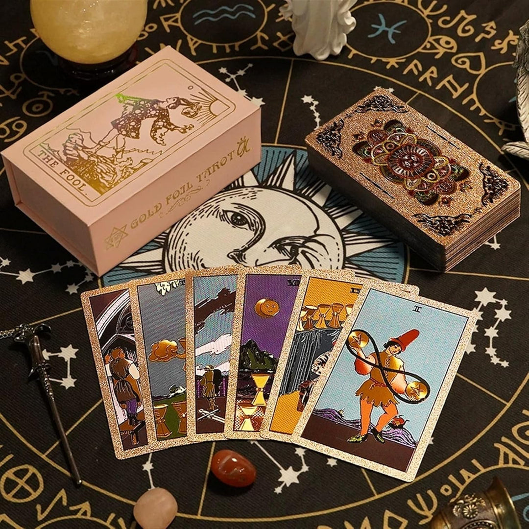 GIBZ Original Design Tarot Karten, 78 Stück Rose Gold Folie Tarot Deck Set, mit Guide Buch und Box f